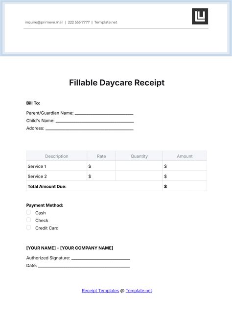 Daycare Receipt Template