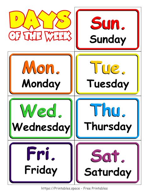 Days Of The Week Cards Printable