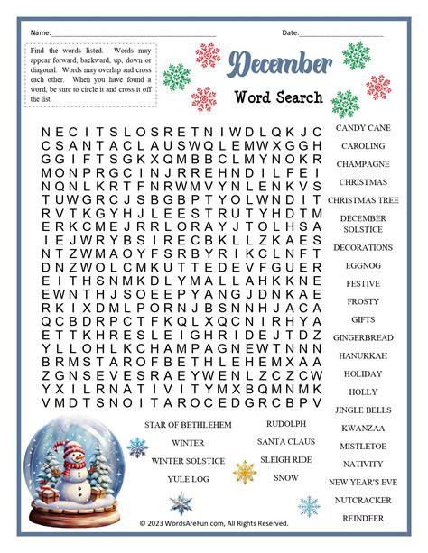 December Word Search Free Printable