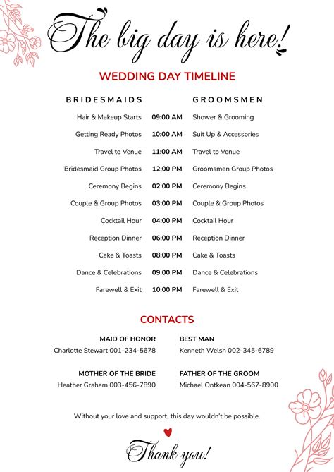 Detailed Wedding Day Timeline Template