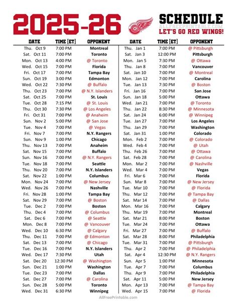 Detroit Red Wings Printable Schedule 2016 17