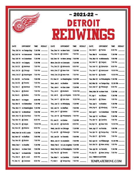 Detroit Red Wings Schedule Printable