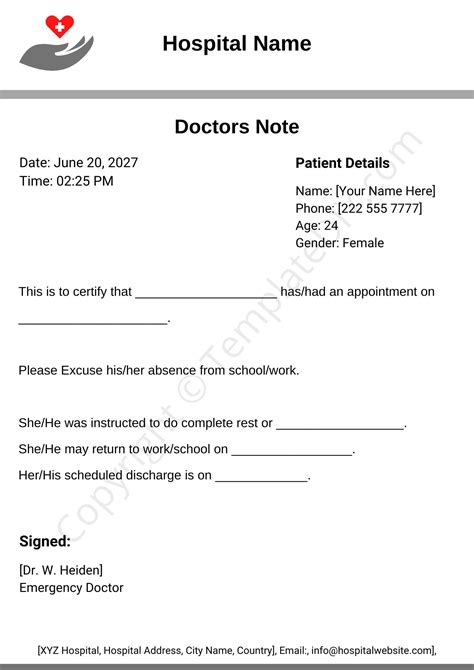 Doctor's Note For Work Template Free