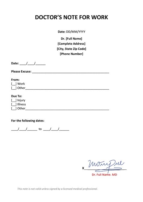 Doctors Note Template For Work