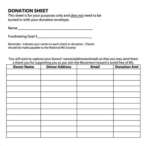 Donation Sheet Template Word