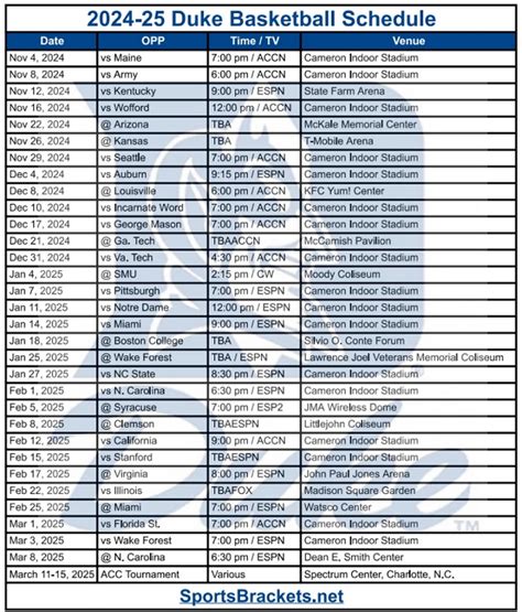 Duke Men's Basketball Schedule Printable