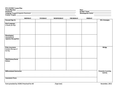 Early Childhood Lesson Plan Template
