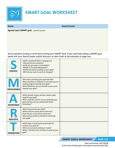 Editable Smart Goals Template