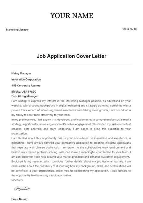 Email Cover Letter Template For Job Application