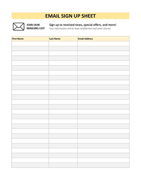 Email Sign Up List Template