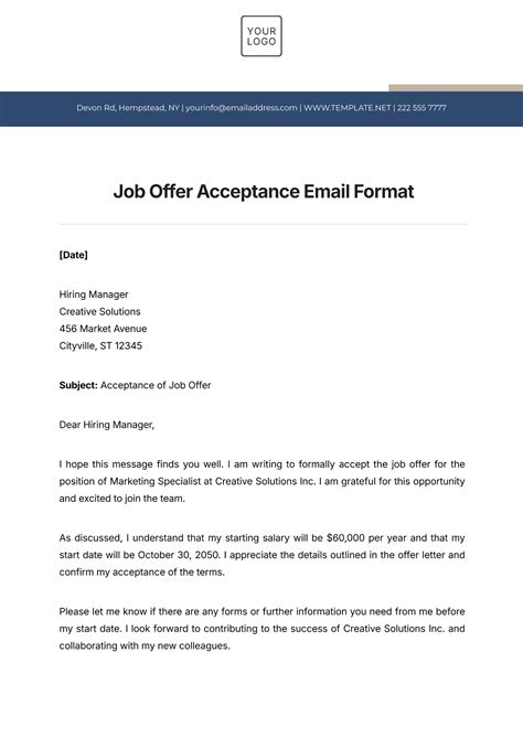 Email Template Accepting Job Offer