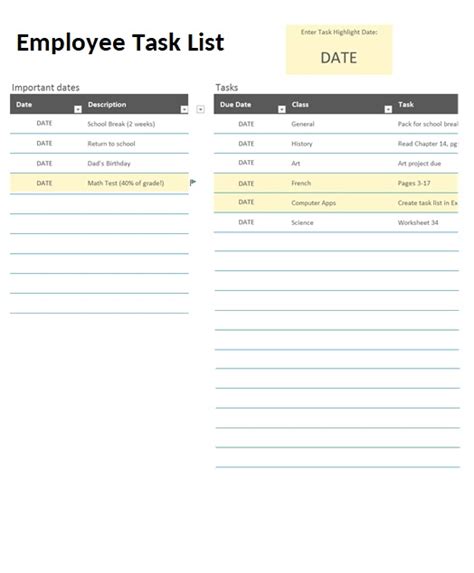 Employee Task List Template Excel