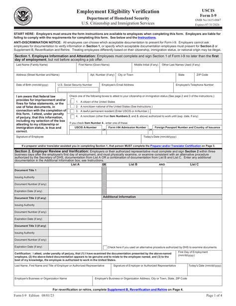 Employment Eligibility Verification Form I-9 Printable