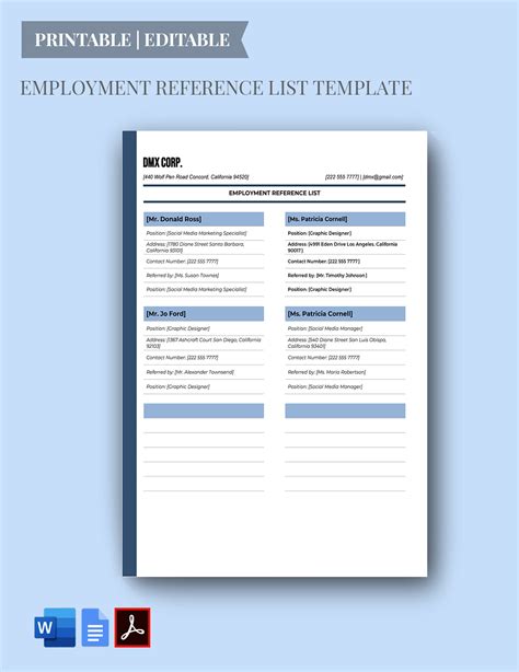 Employment Reference List Template