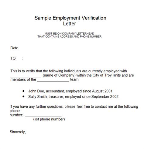 Employment Verification Letter Free Template