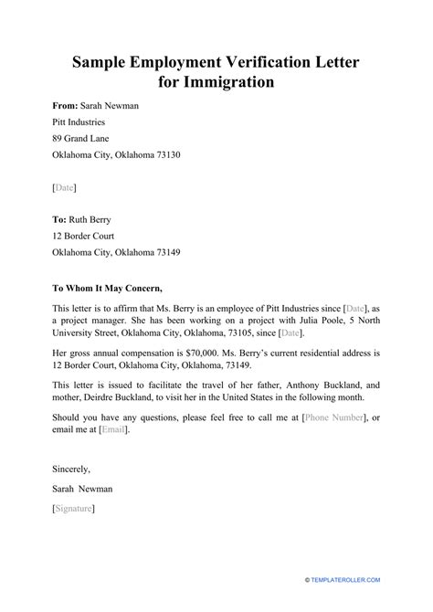 Employment Verification Letter Template For Immigration