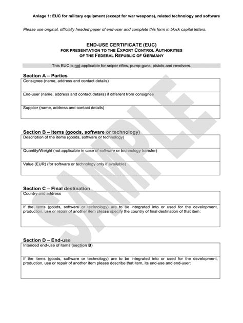 End Use Certificate Template