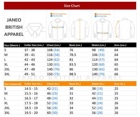 English Shirt Size Chart