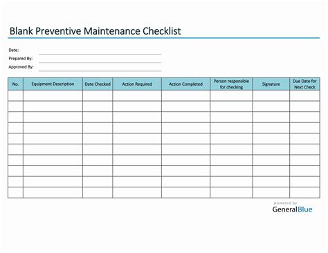 Equipment Preventive Preventive Maintenance Checklist Template Excel