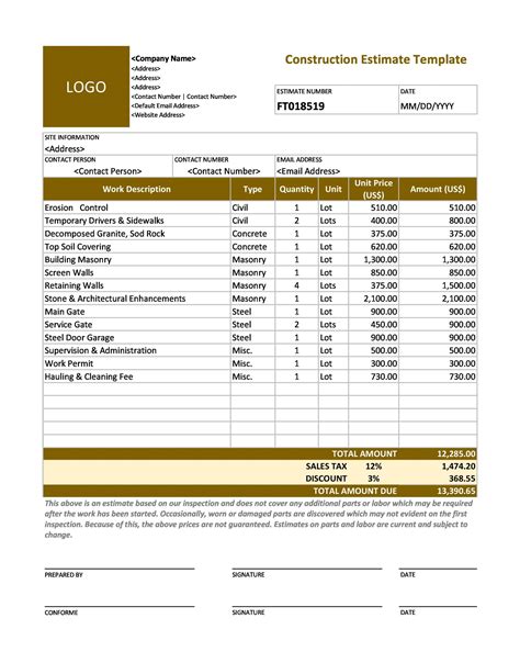 Estimate Construction Template Free