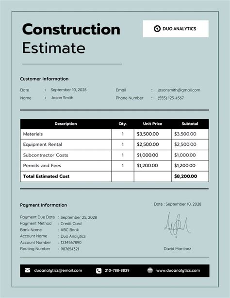 Estimates Templates For Construction