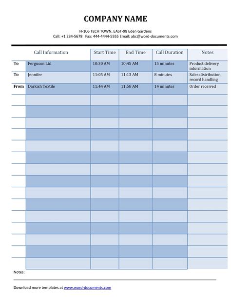 Excel Printable Call Log Template