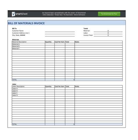 Excel Template For Bill Of Materials