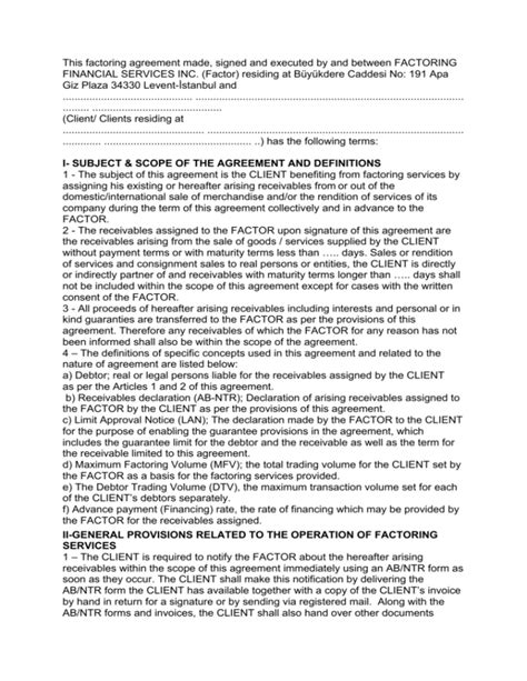 Factoring Contract Template