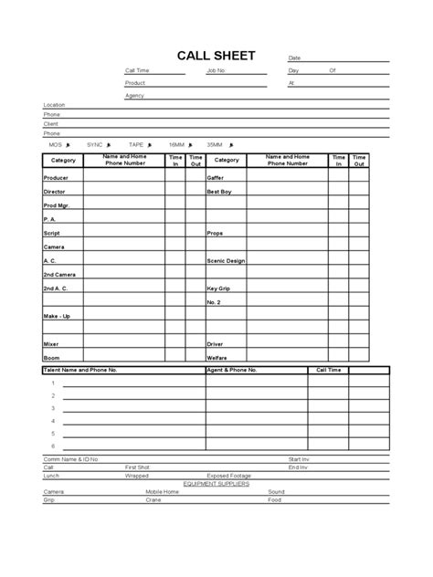 Film Call Sheet Template Word