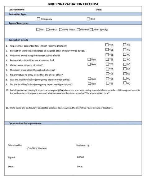 Fire Evacuation Checklist Template