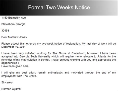 Formal Two Weeks Notice Template