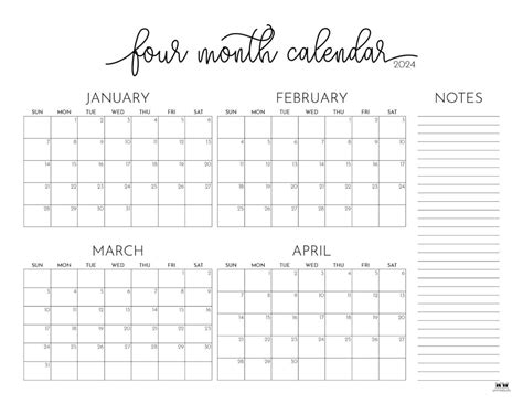 Four Month Calendar Printable