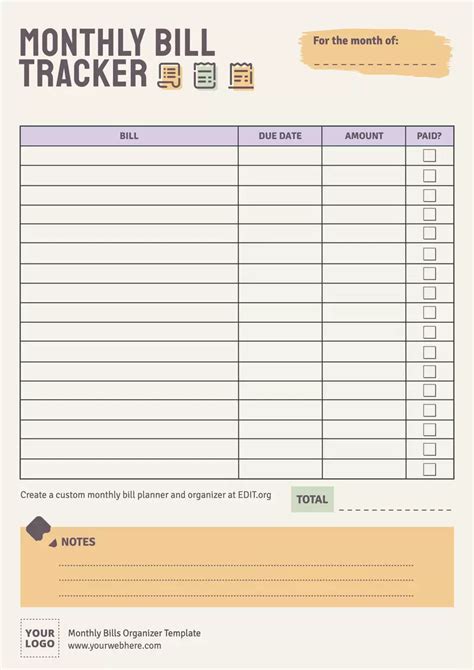Free Bill Organizer Template
