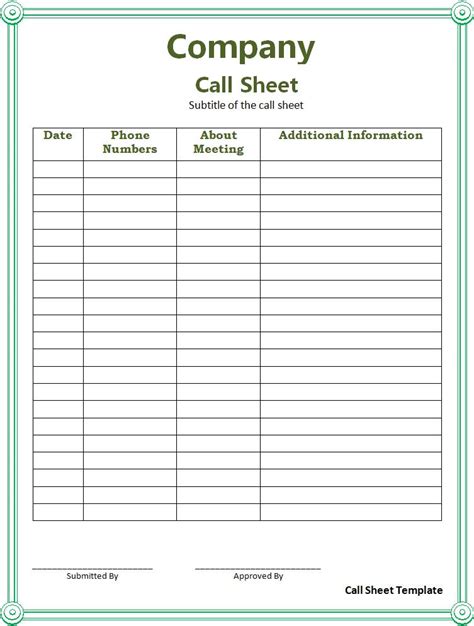Free Call Sheet Template