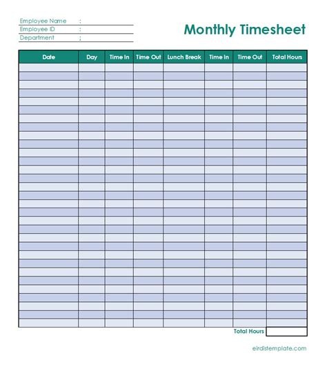 Free Monthly Timesheet Template