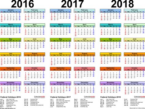 Free Printable 3 Year Calendar 2016 To 2018