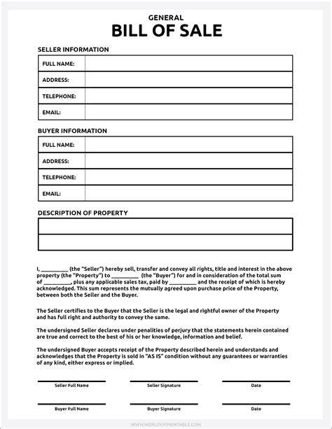 Free Printable Bill Of Sales