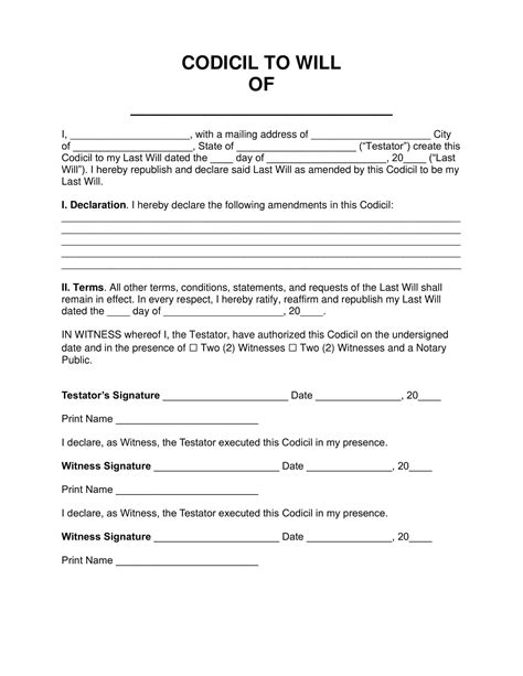 Free Printable Codicil To Will