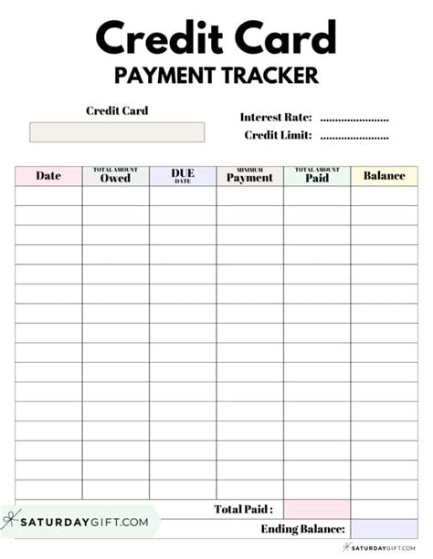 Free Printable Credit Card Payment Tracker