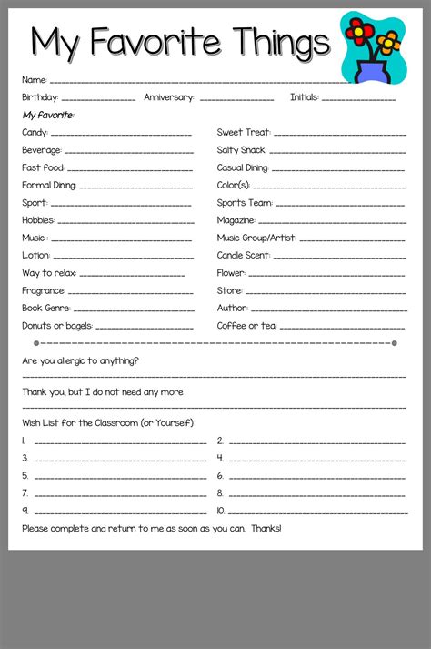 Free Printable Employee Favorite Things List