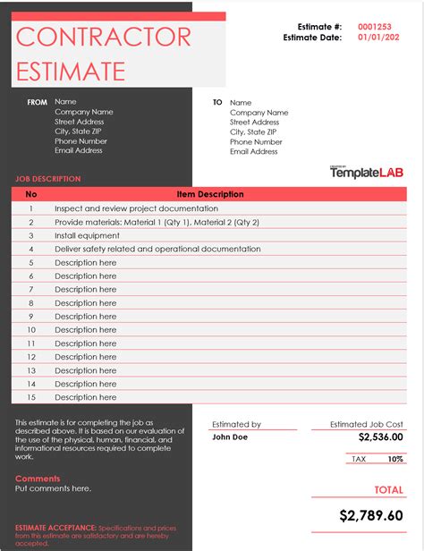 Free Printable Estimate Forms Contractors