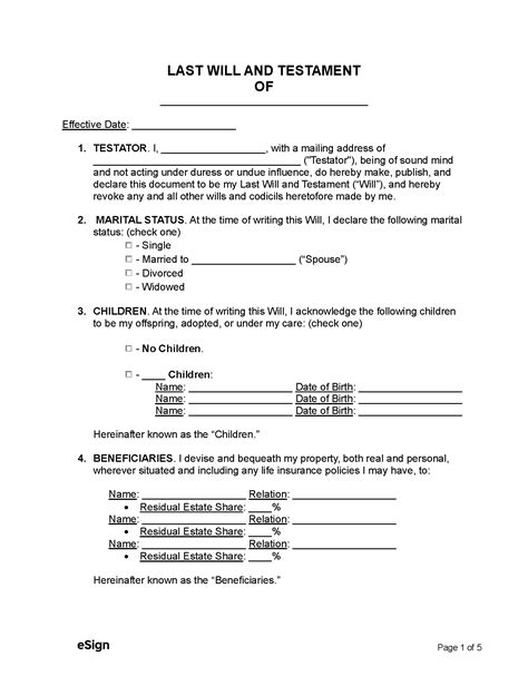 Free Printable Last Will