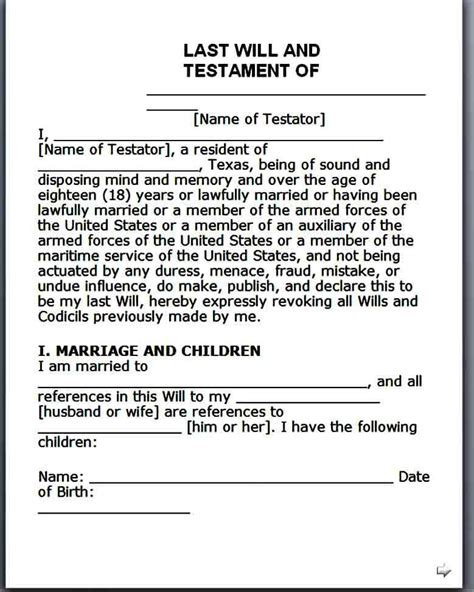 Free Printable Last Will Testament Blank Forms