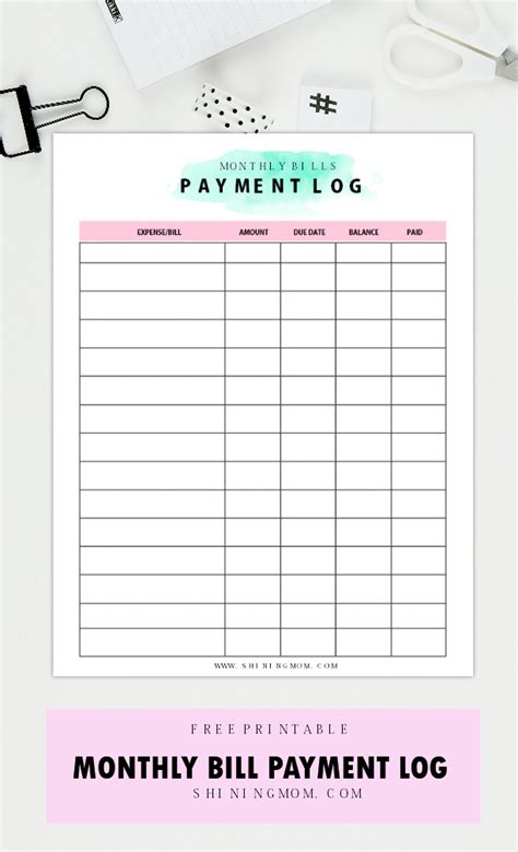 Free Printable Monthly Bill Payment Log