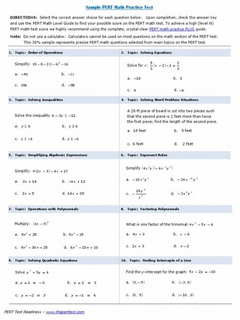 Free Printable Pert Math Practice Test