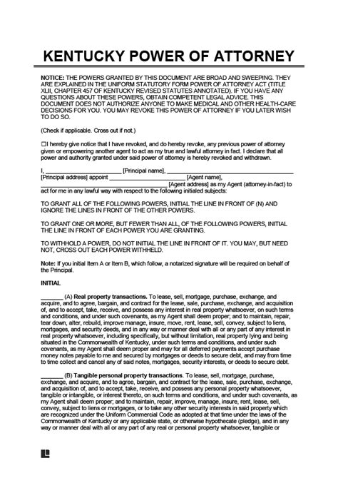 Free Printable Power Of Attorney Form Kentucky