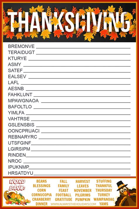 Free Printable Thanksgiving Word Scramble