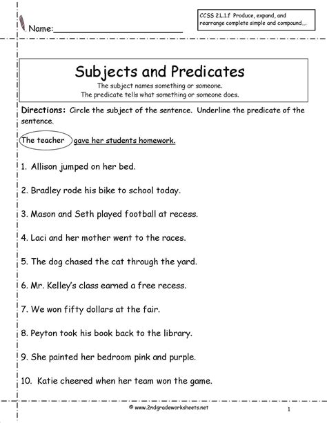 Free Printable Worksheets Of Complete Subject And Predicate Grade 5