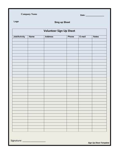 Free Sign Up Sheet Template Word