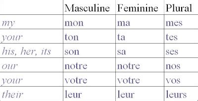 French Possessive Pronouns Chart